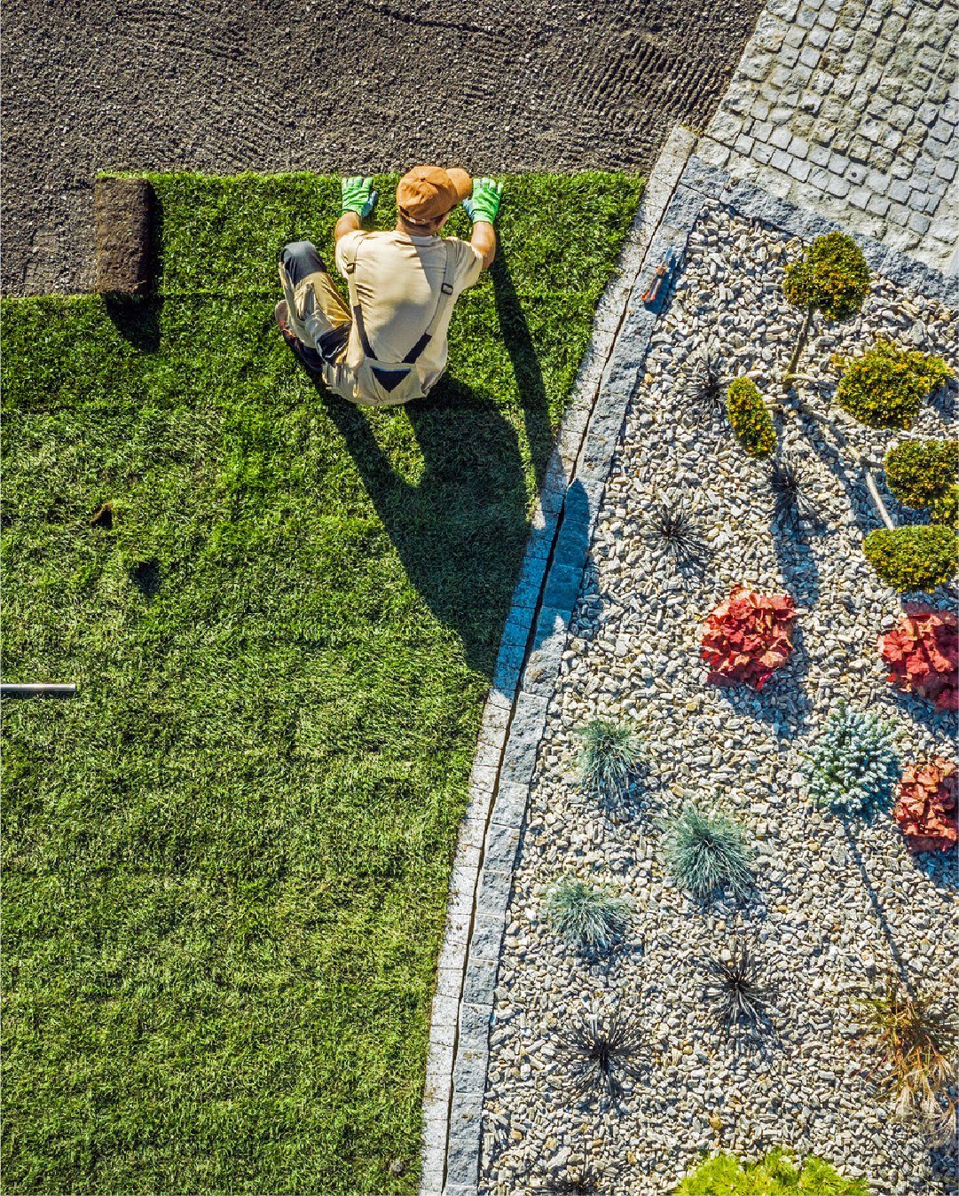 Aerial view of new sod and planting beds