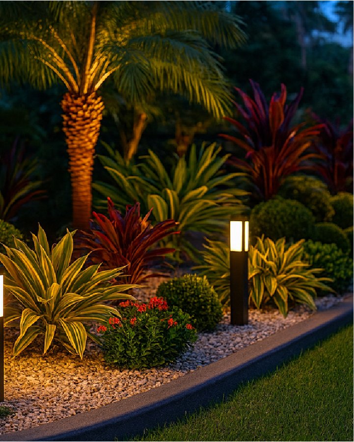 Garden lighting on a tropical bed at dusk