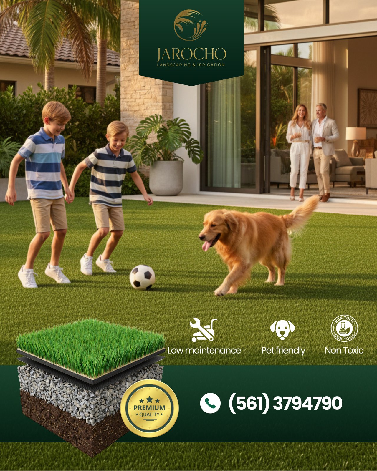 Family and dog playing on artificial grass