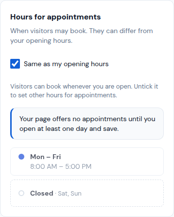 Hours for appointments