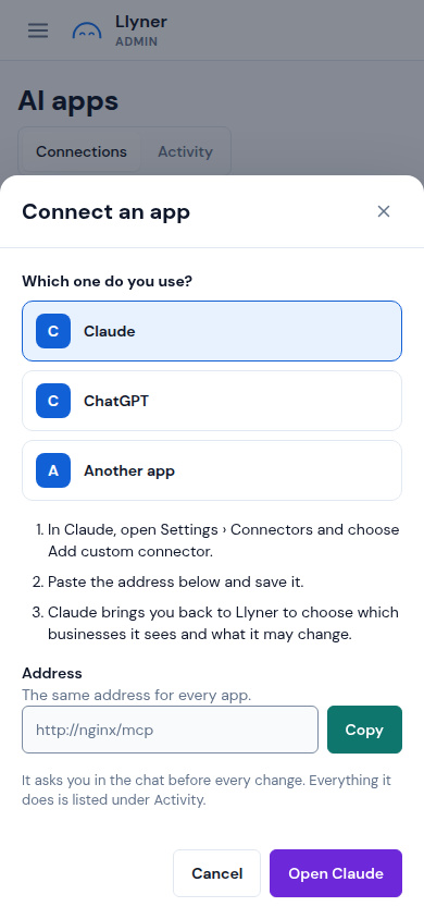 Connect an app, with the steps for Claude