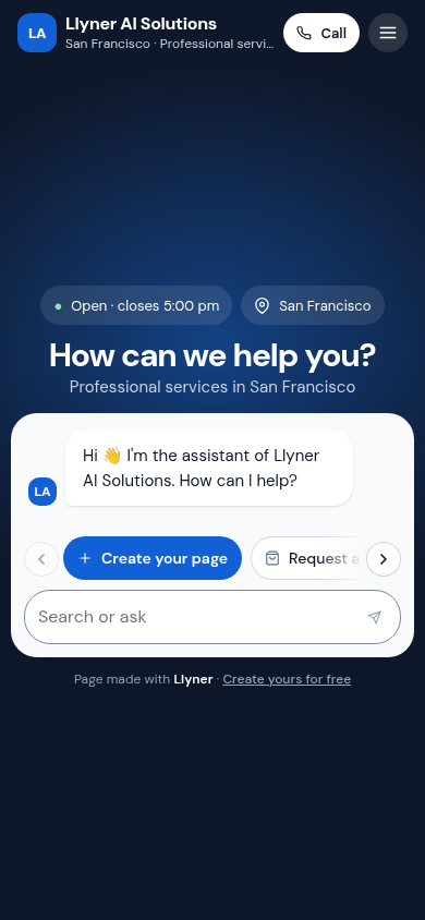 Llyner's page with the Create your page button