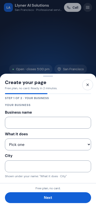 Step 1 of 2: your business's name, what it does and its city