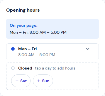 Opening hours, grouped by days