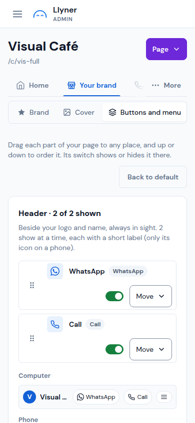 Buttons and menu, with the header and its preview
