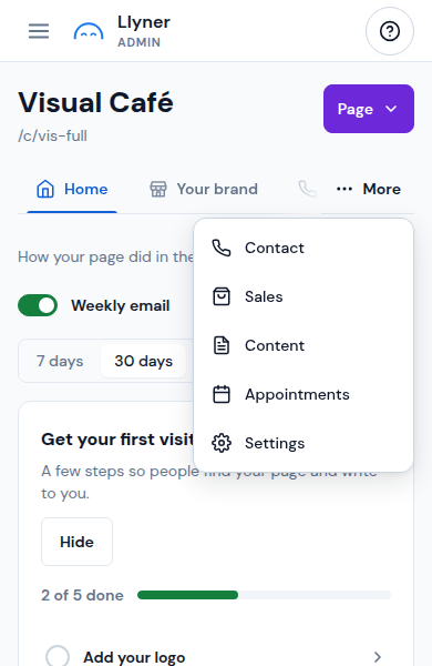 The More menu with the rest of the tabs