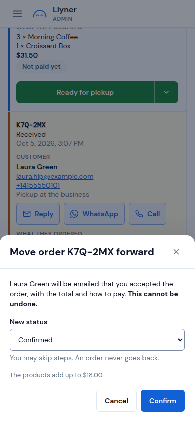 Move order forward, with its New status