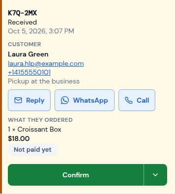 A received order with its Confirm button