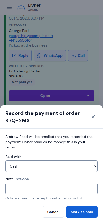 Recording the payment of an order