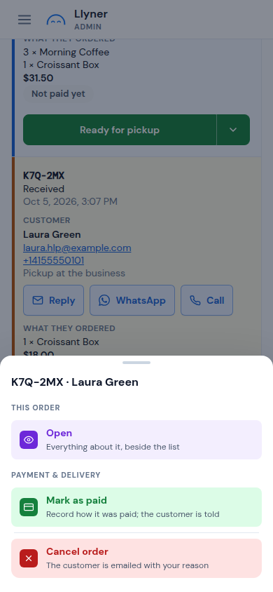 The order's menu: Open, Mark as paid, Cancel order
