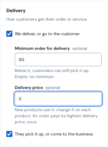 The Delivery card with a minimum and a delivery price