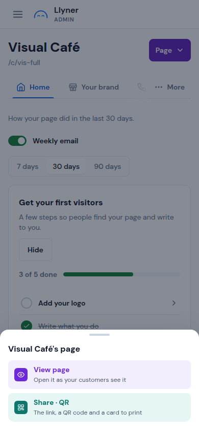The Page menu with View page and Share · QR
