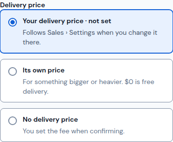 A product's Delivery price choices