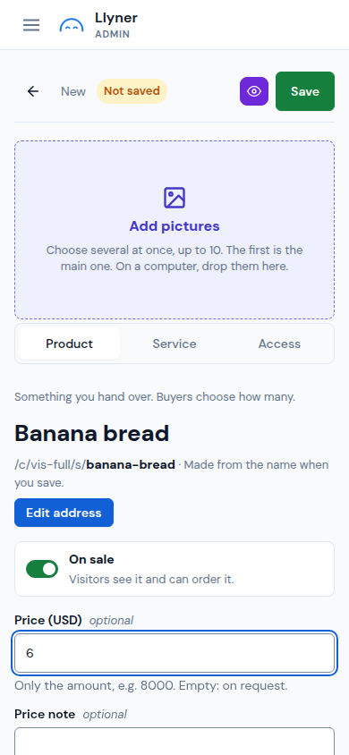 A new product with its name and price