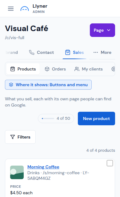 The Products list with the New product button