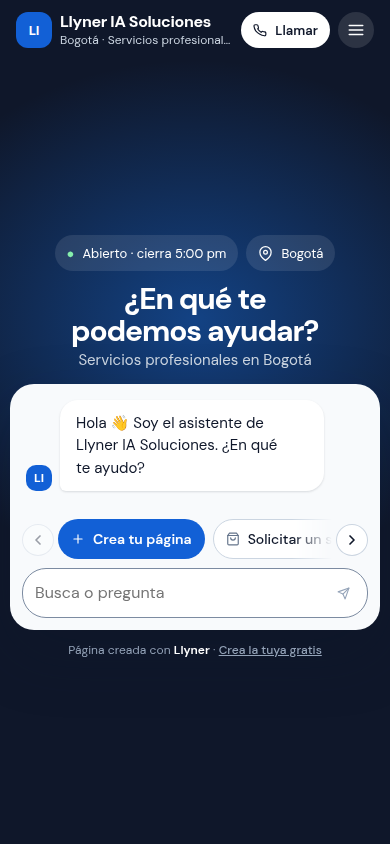 La página de Llyner con el botón Crea tu página