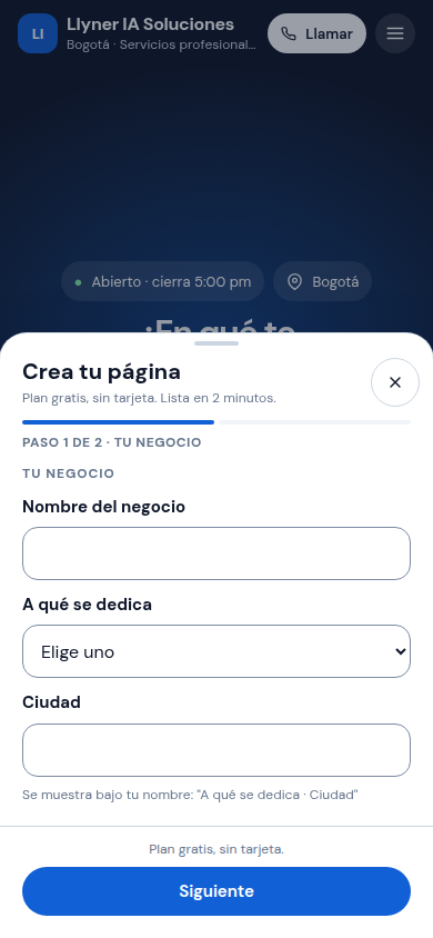 Paso 1 de 2: el nombre de tu negocio, a qué se dedica y su ciudad