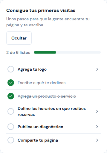 La tarjeta Consigue tus primeras visitas en Inicio