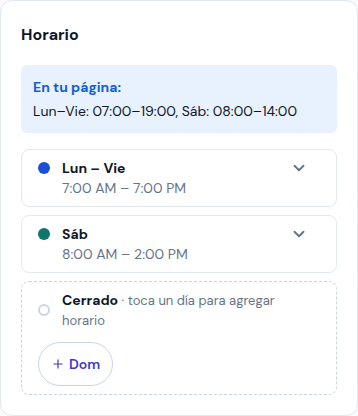 El horario, agrupado por días