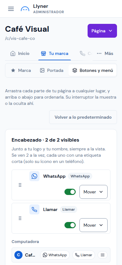 Botones y menú, con el encabezado y su vista previa