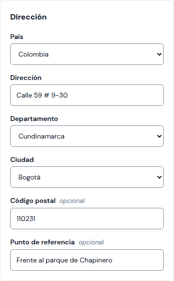 La dirección en Ubicación