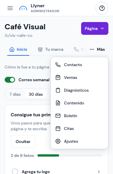 El menú Más con el resto de las pestañas