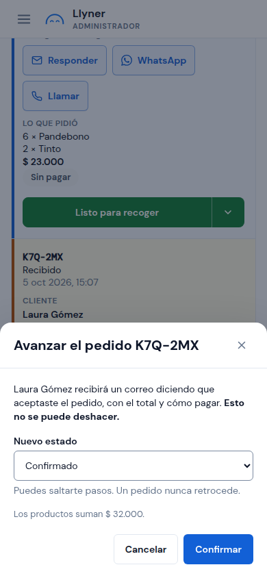 Avanzar el pedido, con su Nuevo estado