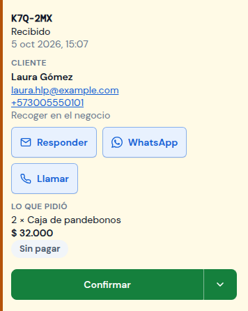 Un pedido recibido con su botón Confirmar