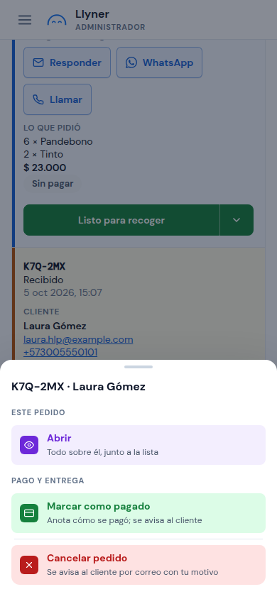 El menú del pedido: Abrir, Marcar como pagado, Cancelar pedido