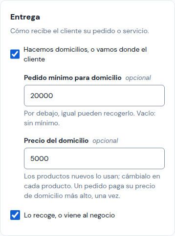 La tarjeta Entrega con un pedido mínimo y un precio de domicilio