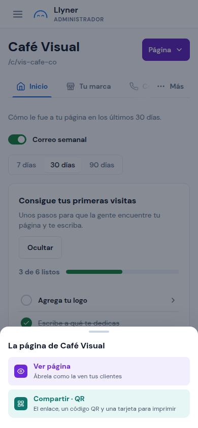 El menú Página con Ver página y Compartir · QR