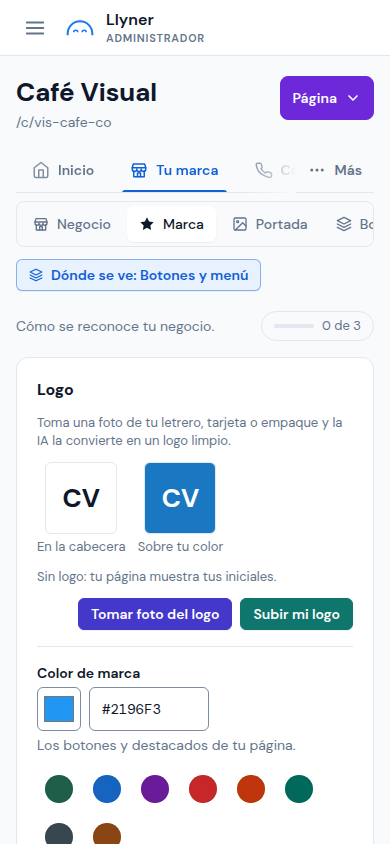La vista Marca: logo y color de marca