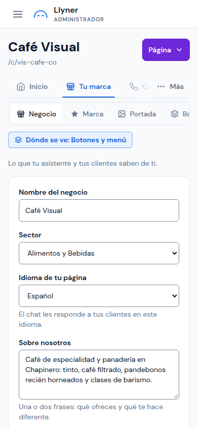 La vista Negocio de Tu marca
