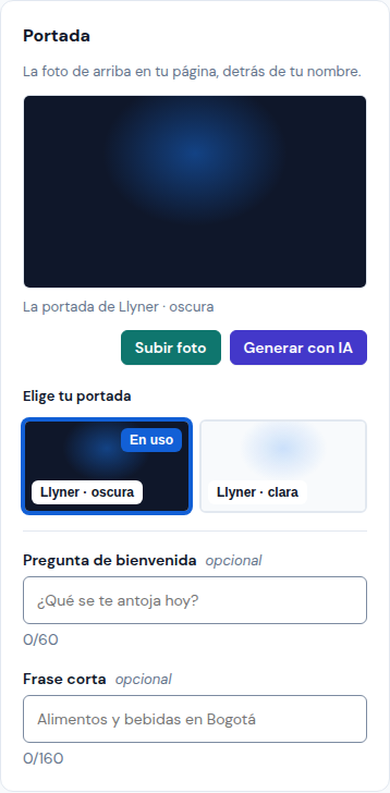 La portada y sus opciones