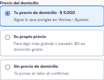 Las opciones de Precio del domicilio de un producto