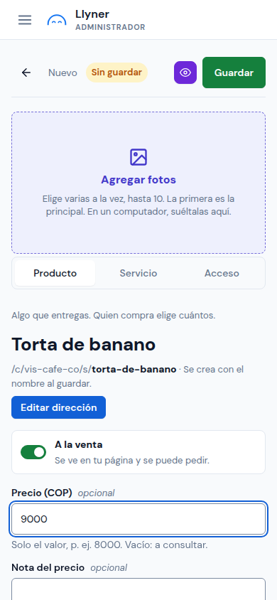 Un producto nuevo con su nombre y su precio