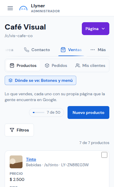La lista de Productos con el botón Nuevo producto